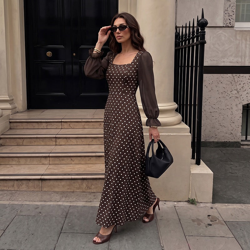 Damen Langes Maxikleid mit Puffärmeln und Punkten Drune