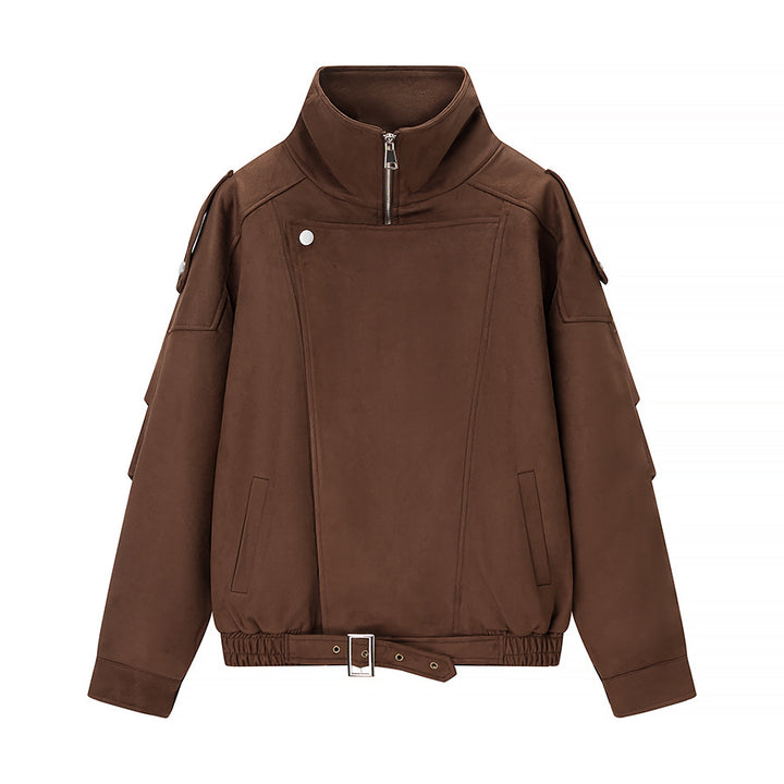 Damen modische Kurzjacke im urbanen Stil mit hohem Kragen und Schulterdetails Drune