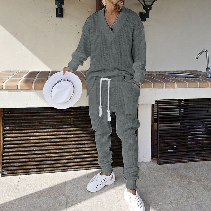 Herren Strukturiertes Strick-Loungewear-Set mit V-Ausschnitt und Tunnelzug-Jogginghose Drune
