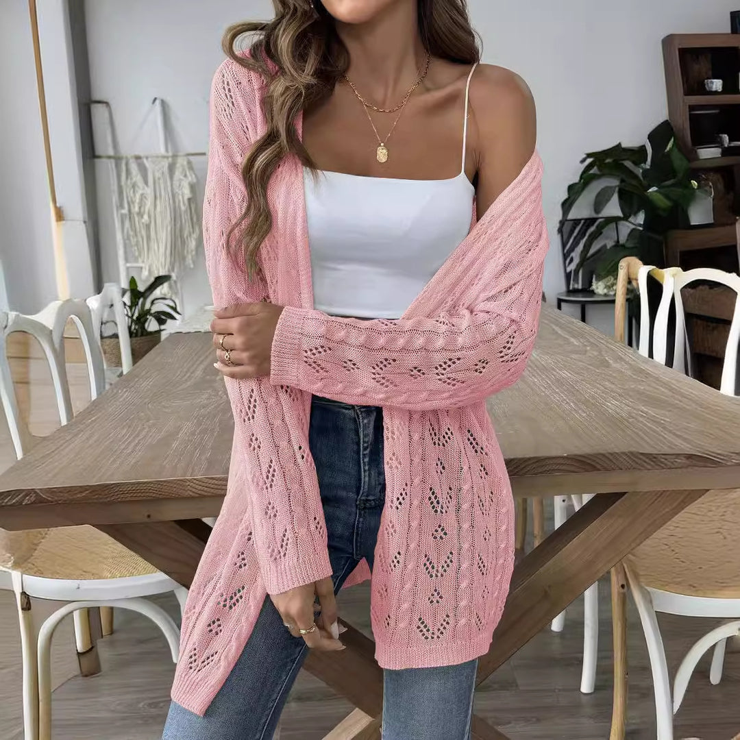 Damen luftiger Strickcardigan mit filigranem Lochmuster Drune