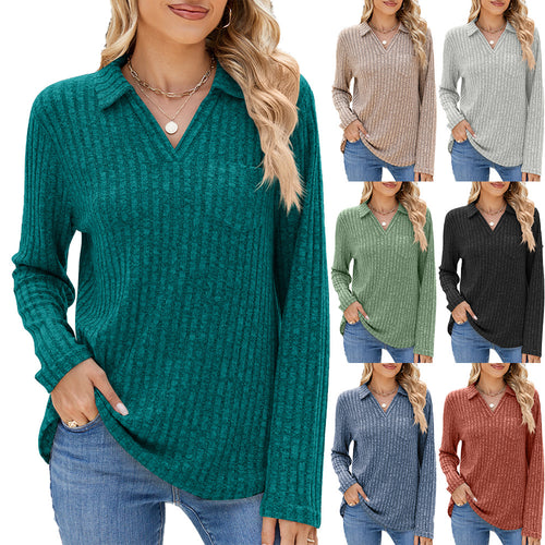 Damen Langarm Poloshirt mit feinem Rippenstrukturdesign Drune