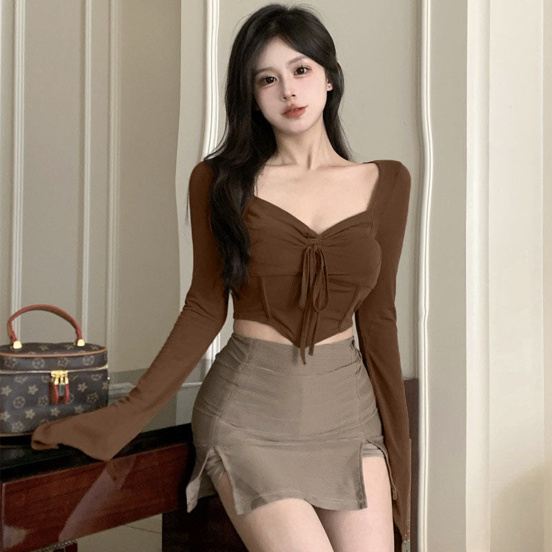 Damen Cropped Langarmshirt mit dekorativer Schnürung und lässigem Schnitt