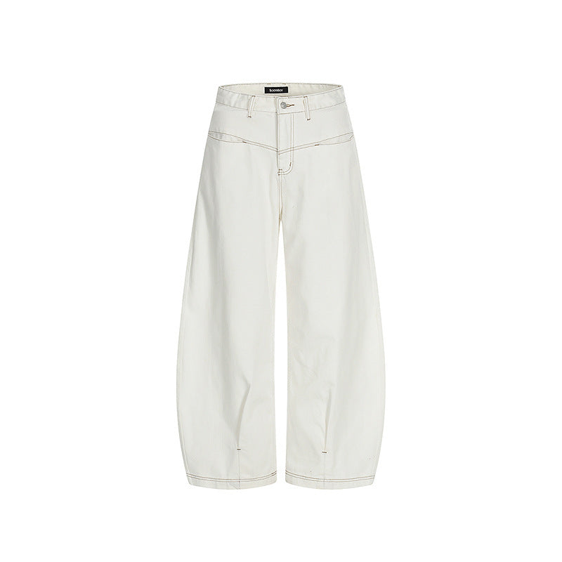 Damen Weite Cropped Ballon-Jeans mit hohem Bund und sichtbaren Kontrastnähten Drune