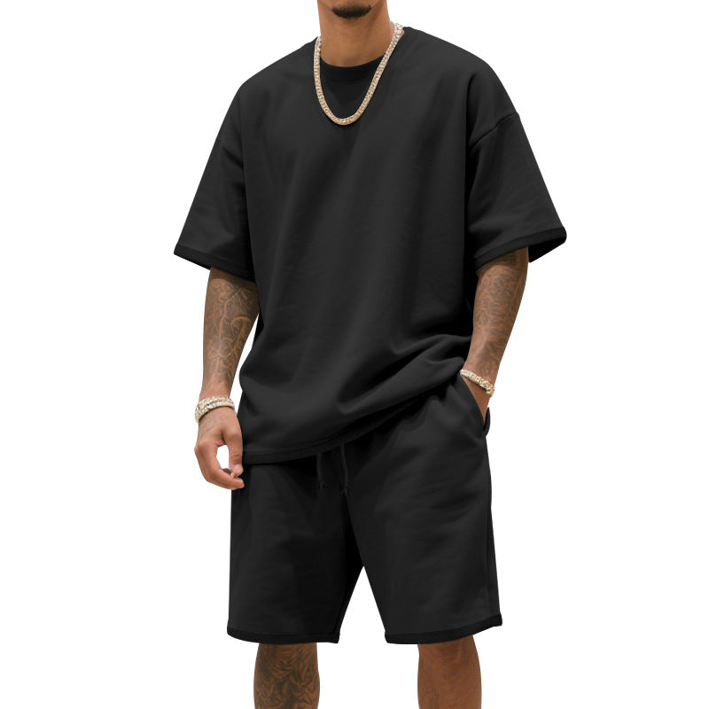 Herren nan entspannter Jersey-Set mit verlängertem Rundhals-T-Shirt und elastischen Kordelzug-Shorts Drune