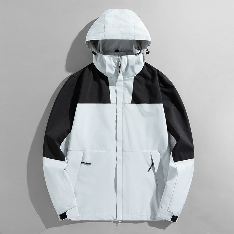 Herren zweilagige technische Kapuzen-Outdoorjacke mit hochschließendem Stehkragen und verstellbarer Kapuze Drune