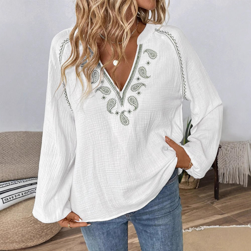 Damen nan lässige Baumwoll-Gauze-Bluse mit besticktem V-Ausschnitt, Paisley-Stickerei, Raglannähten und weiten Ballonärmeln Drune