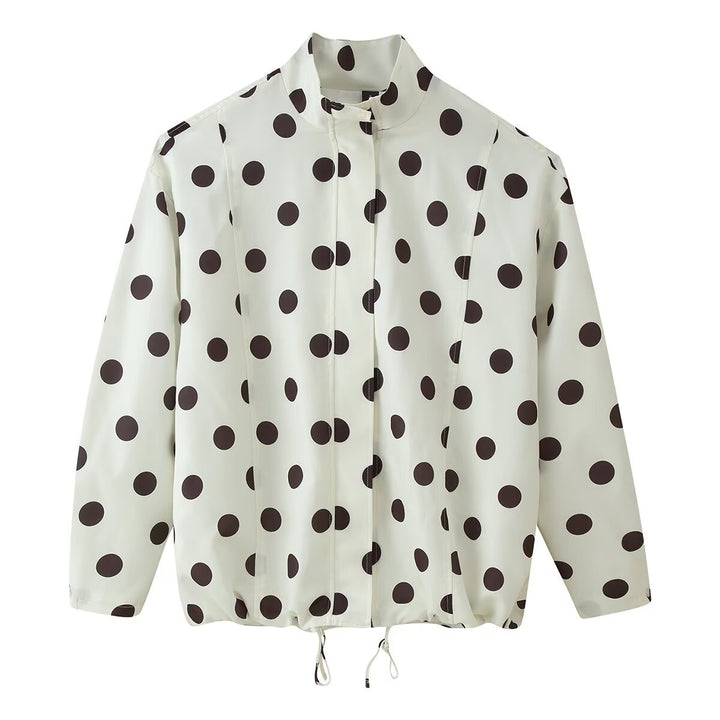 Damen Gepunktete Windbreaker-Blousonjacke mit Stehkragen, verdecktem Reißverschluss und Kordelzugsaum Drune