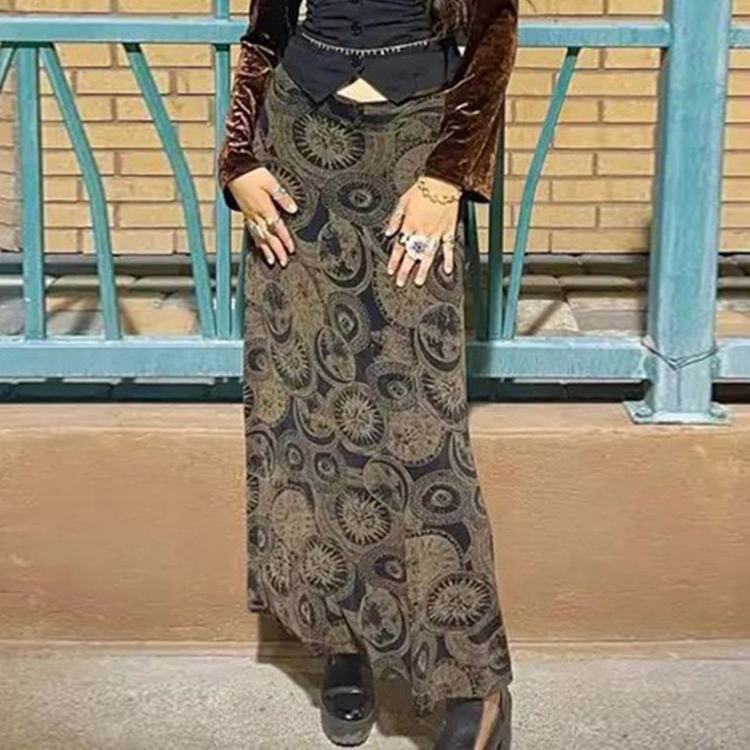 Damen Midi-Rock mit kunstvollem Druck und elastischem Bund Drune