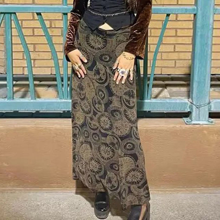 Damen Midi-Rock mit kunstvollem Druck und elastischem Bund Drune