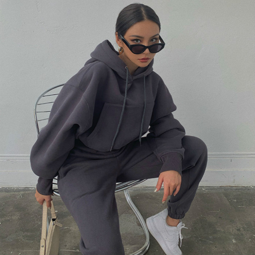 Damen lässiges Oversize-Kapuzen-Sweatset mit Cropped-Hoodie und Highwaist-Jogginghose Drune