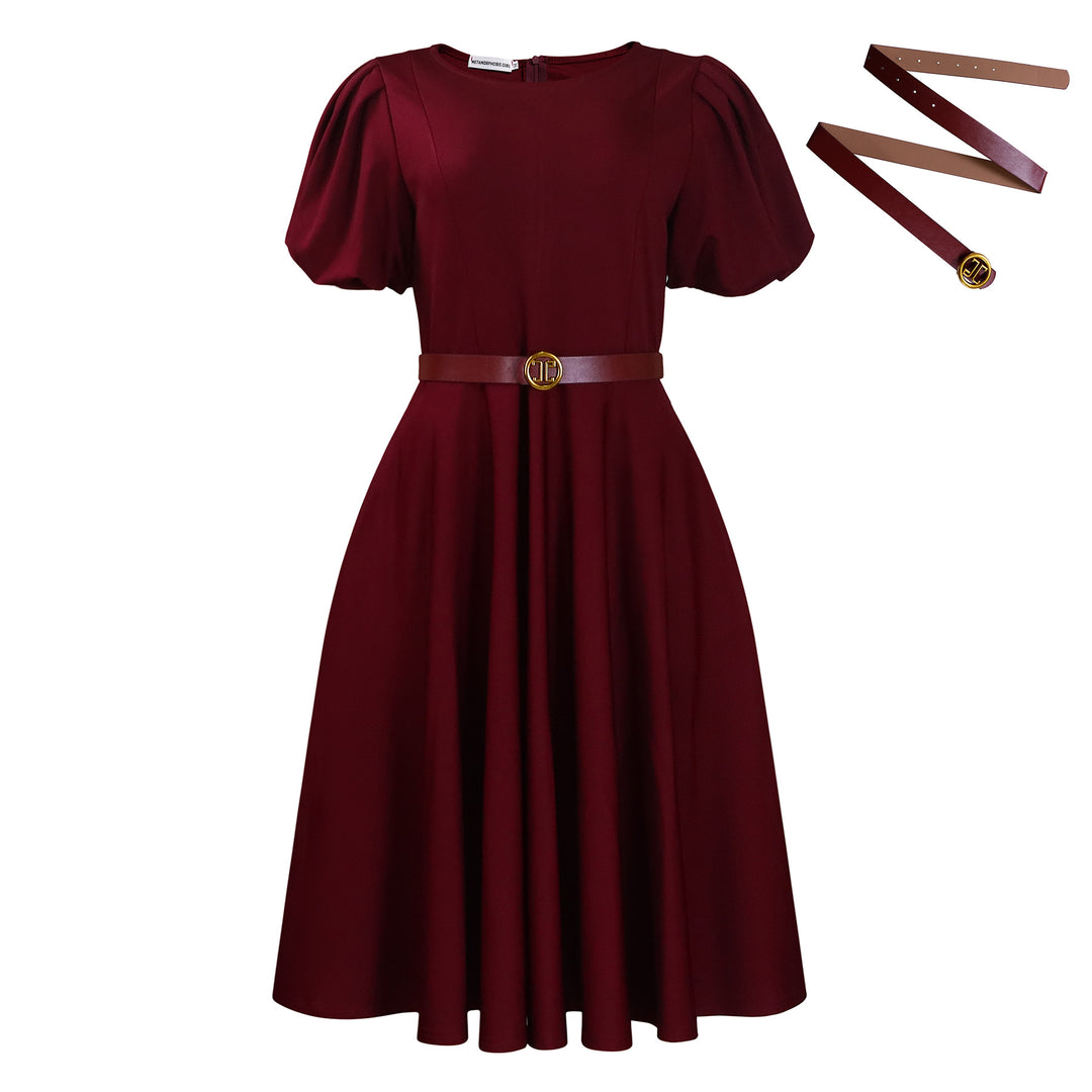 Damen Midi-Kleid mit Puffärmeln und tailliertem Gürtel Drune