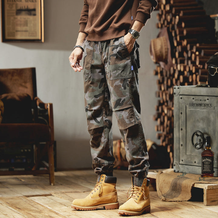 Herren Camouflage-Cargojogger aus robustem Ripstop mit Tunnelzugbund, Kniefalten und elastischen Bündchen Drune
