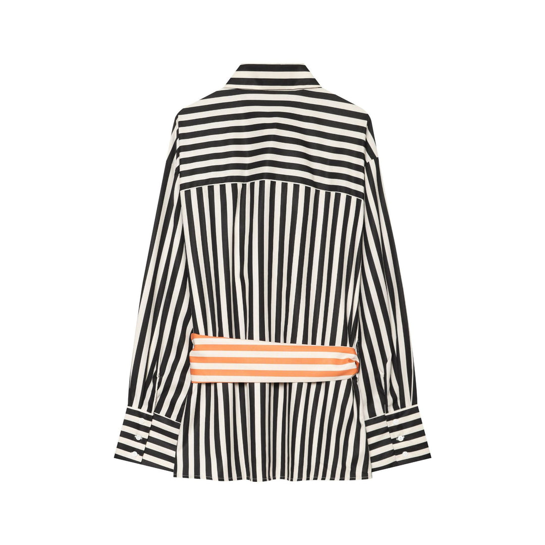 Damen Oversize-Hemdbluse mit vertikalen Streifen und kontrastierendem Taillenband Drune