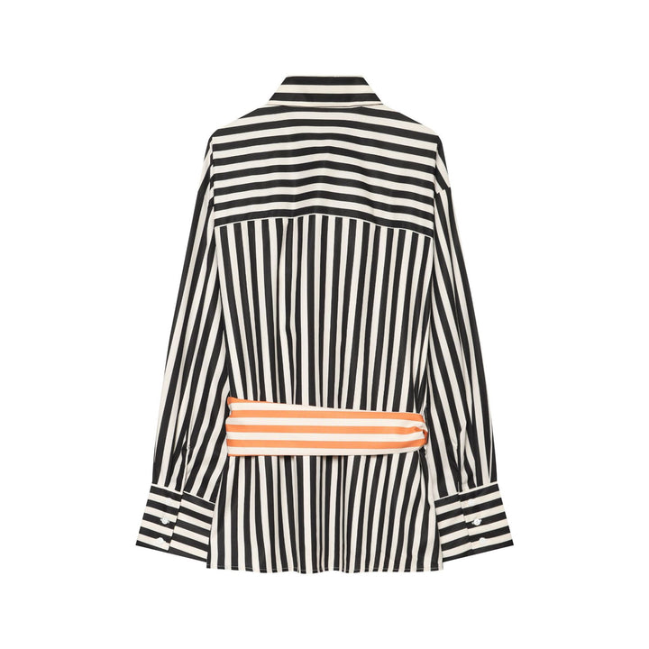 Damen Oversize-Hemdbluse mit vertikalen Streifen und kontrastierendem Taillenband Drune