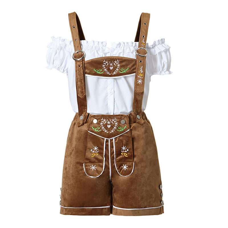 Damen nan Trachten-Latzhose Shorts mit filigraner Stickerei und verstellbaren Trägern Drune
