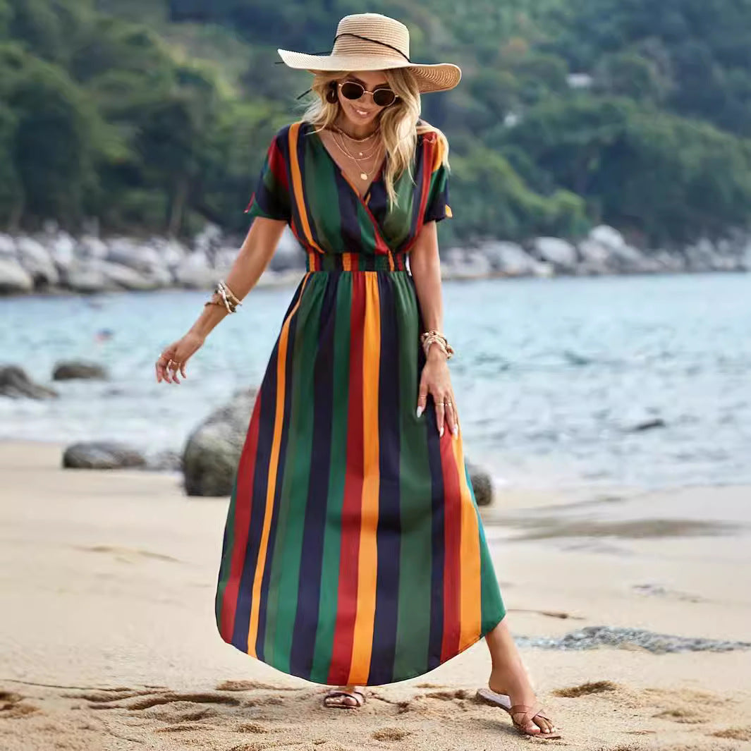 Drune | Gestreiftes Elastisches Taillenstrandkleid