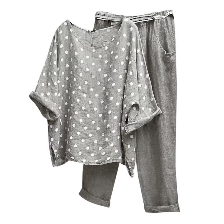 Damen nan komfortables Leinen-Freizeitset mit weiter Tunika, Pünktchenmuster und elastischer Bundhose Drune