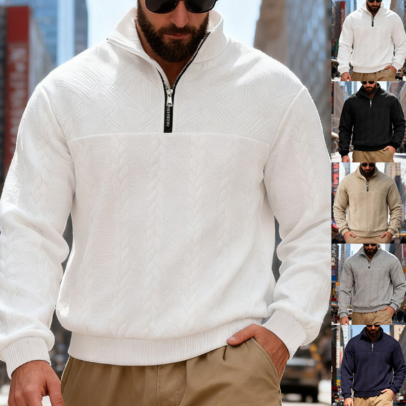 Herren nan strukturiertes Halfzip-Strickpullover mit Zopfmuster und hohem Stehkragen Drune