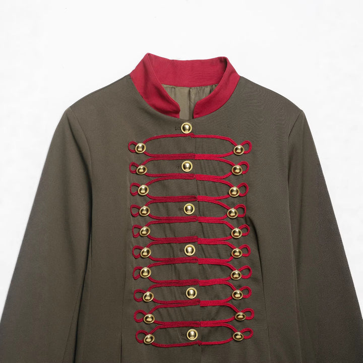 Damen Militärinspirierte Kastenjacke mit dekorativen Froschverschlüssen und Stehkragen Drune
