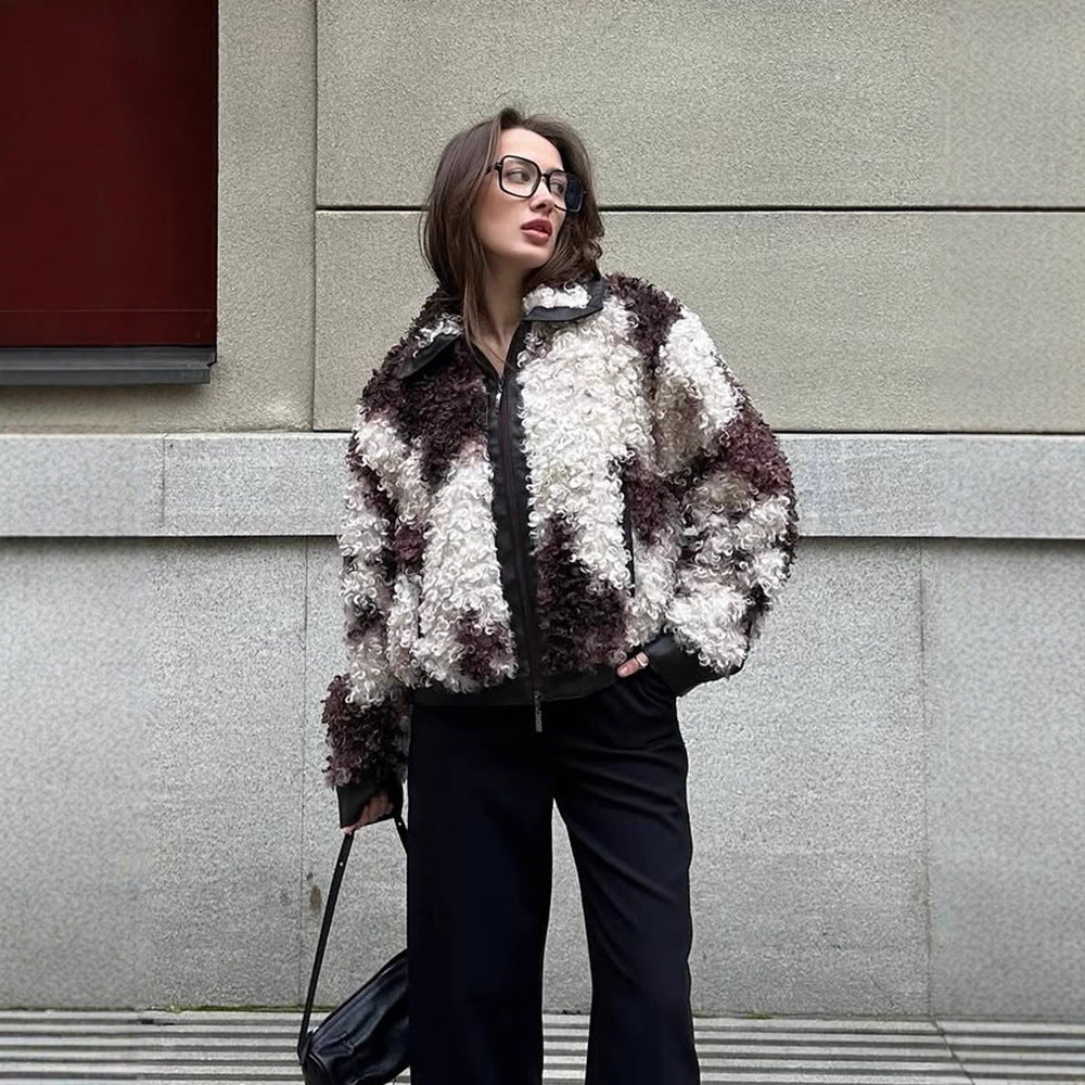 Damen Kurzblouson aus lockigem Bouclé‑Fauxfur mit Lederoptik‑Besatz Drune
