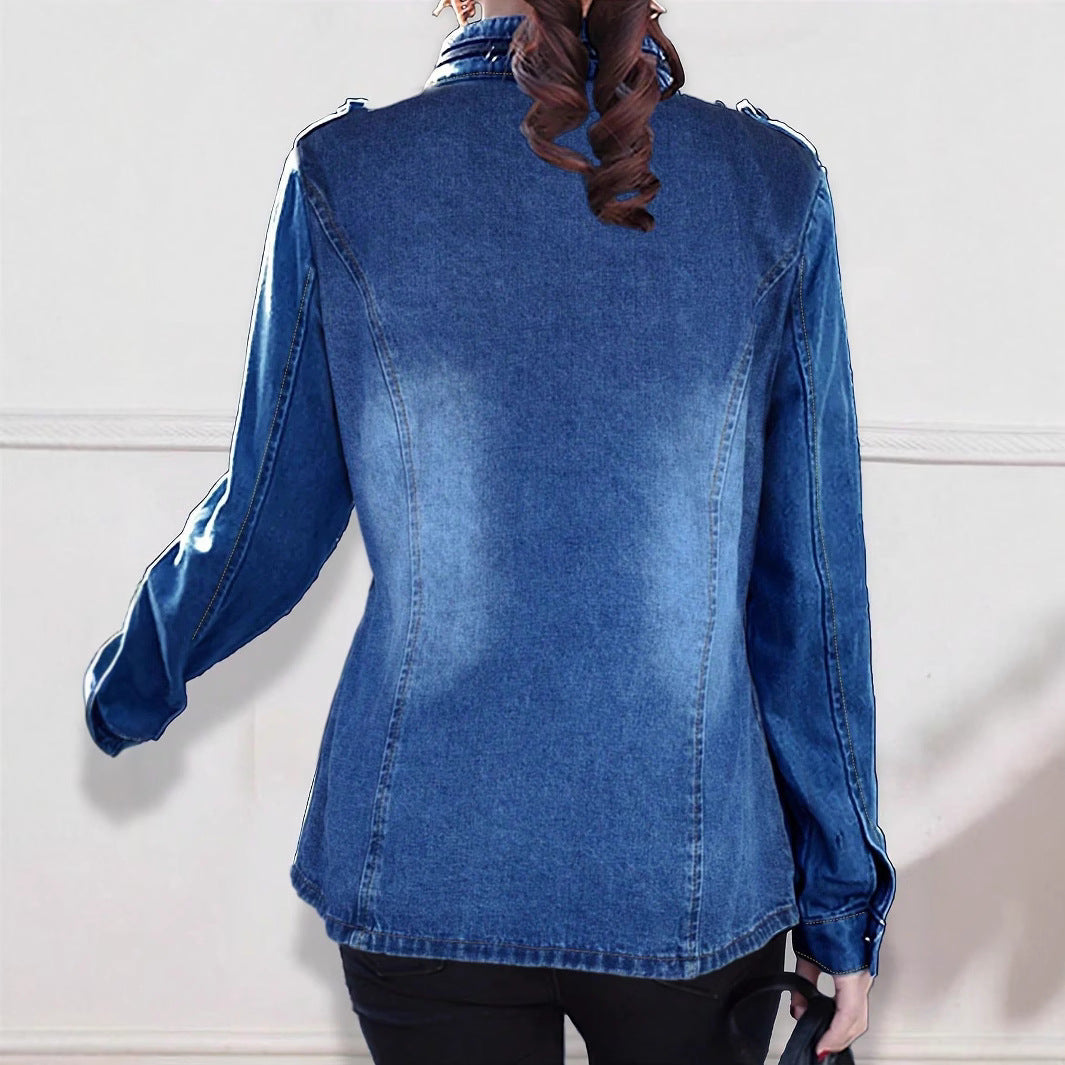 Damen taillierte Denim-Jacke im Military-Style mit Stehkragen und Pattentaschen Drune