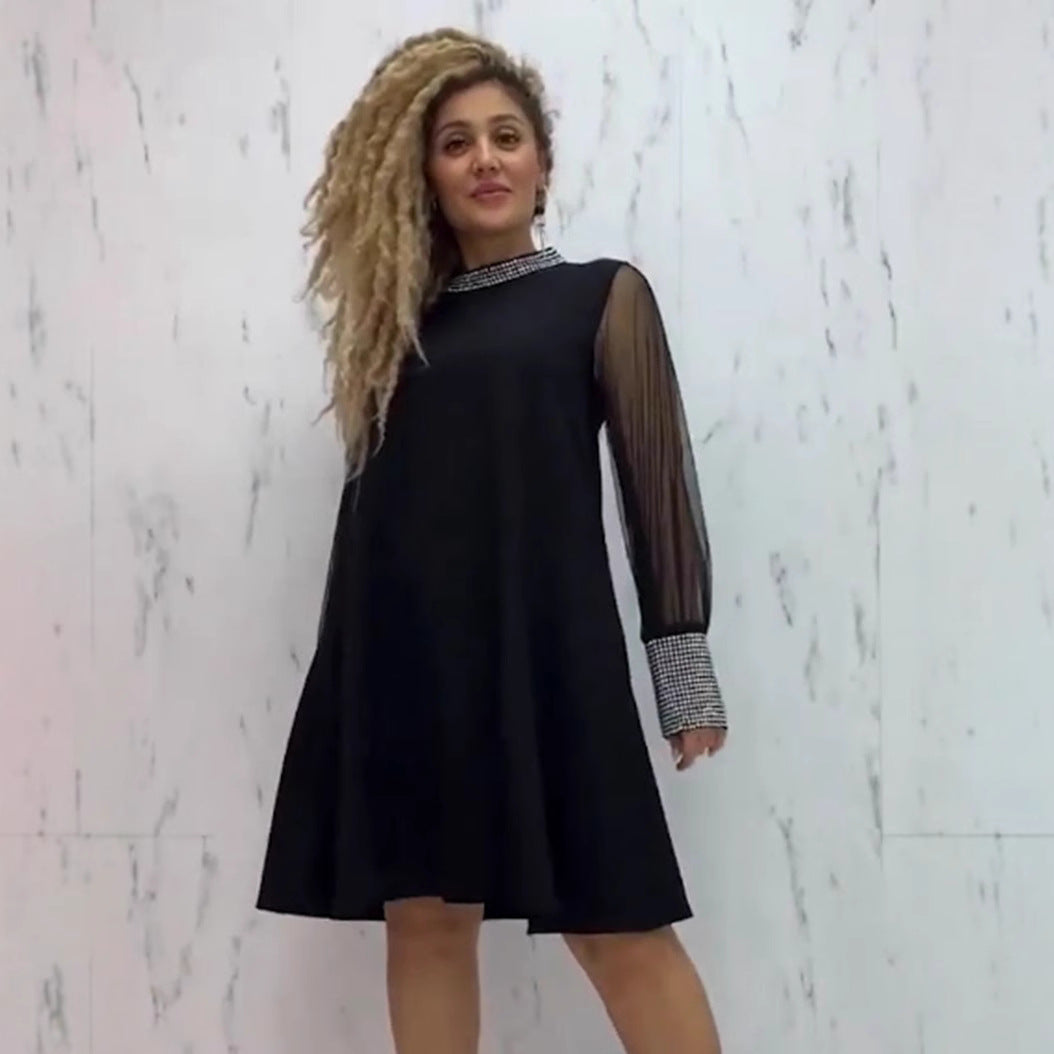 Damen nan A-Linien-Kurzkleid mit transparenten Mesh-Ärmeln und schmuckbesetztem Kragen Drune