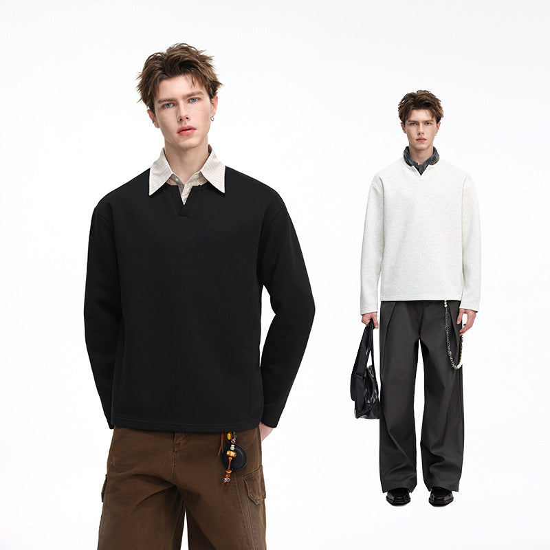 Herren Strukturierter Waffel‑Thermo‑Pullover mit V‑Einsatz und weiter Passform Drune