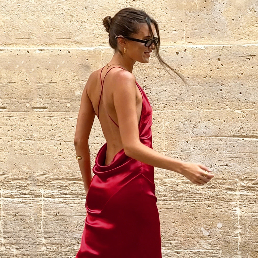 Damen elegantes Maxikleid mit tiefem V-Ausschnitt und fließendem Stoff Drune