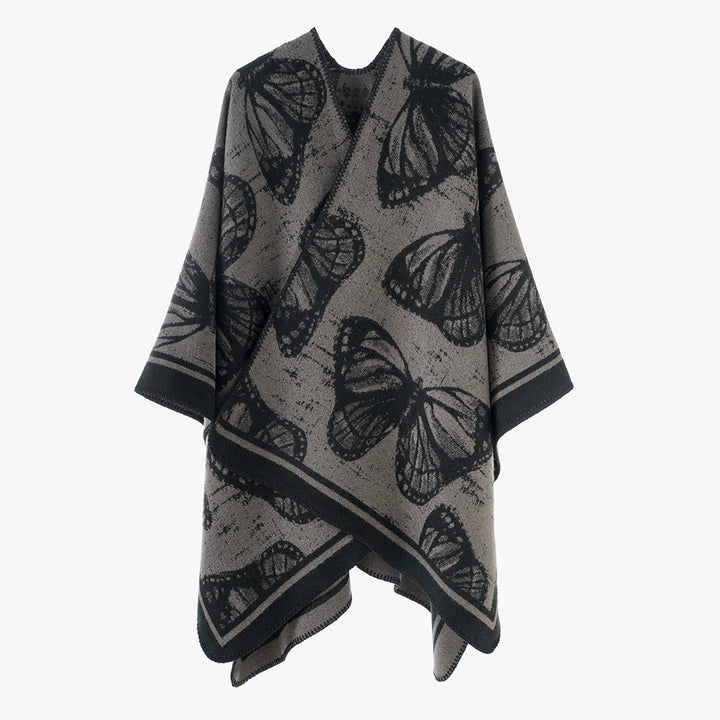 Damen Oversize-Stricküberwurf im Jacquard mit Schmetterlingsmotiv und kontrastierter Saumkante Drune