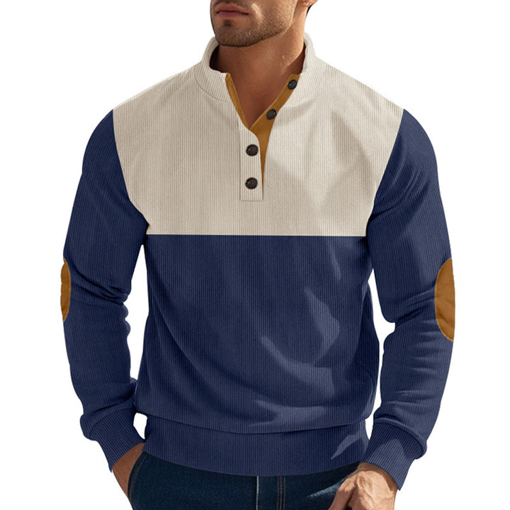 Herren nan Rippenstrickpullover mit Stehkragen Knopfleiste und Leder-Ellbogenpatches Drune