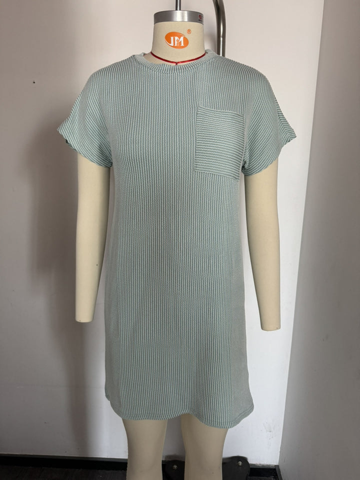 Damen lässiges Kurzarm-Kleid mit gestreiftem Design und praktischer Tasche Drune