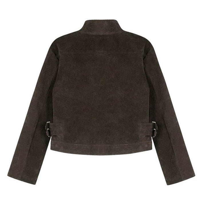 Damen Kurz geschnittene Wildlederjacke mit Stehkragen, Utility-Taschen und Seiten-Schnallen Drune