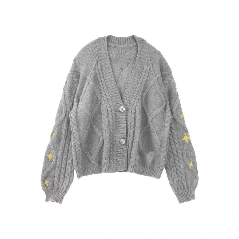 Damen nan oversize Strickcardigan mit Zopfmuster und Sternapplikationen V-Ausschnitt Knopfleiste Drune