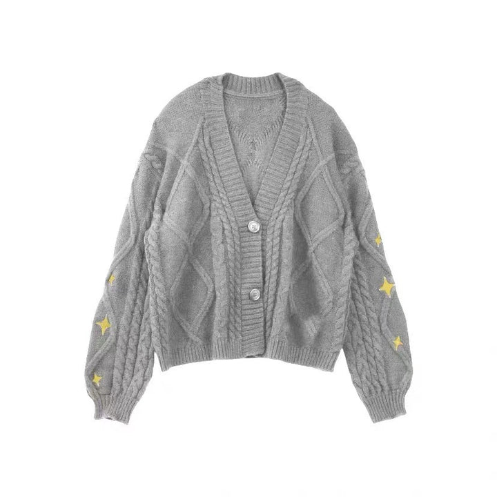 Damen nan oversize Strickcardigan mit Zopfmuster und Sternapplikationen V-Ausschnitt Knopfleiste Drune