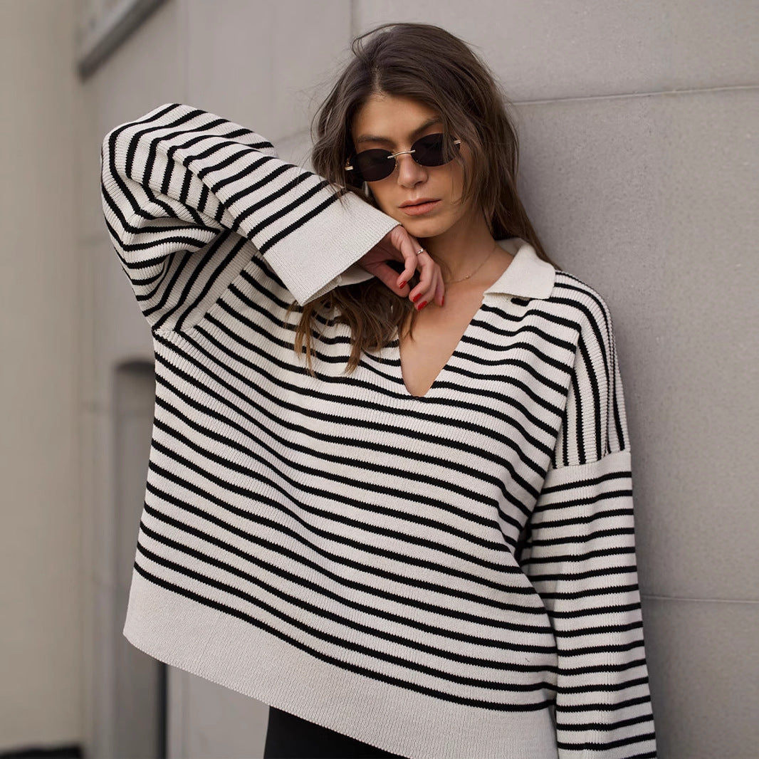 Damen Gestreifter Strickpullover mit gemütlicher Passform Drune