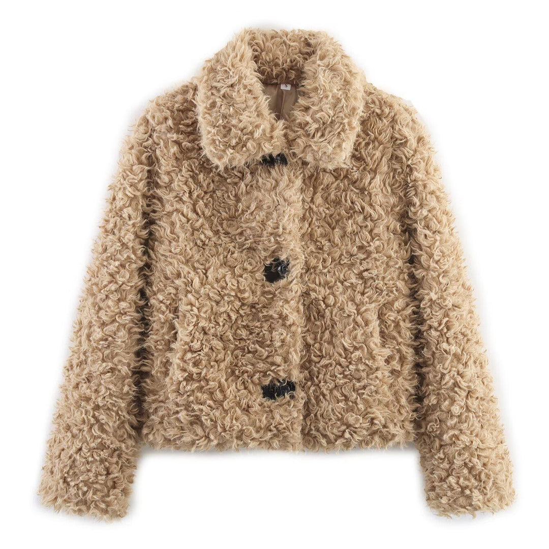 Damen kuschelige Teddyjacke mit stilvollem Knopfverschluss Drune