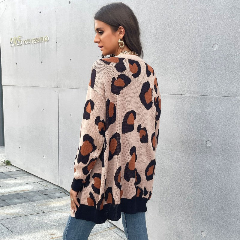 Damen Longline Cardigan im Leo-Jacquard mit offener Front und Rippbündchen Drune