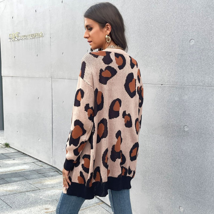 Damen Longline Cardigan im Leo-Jacquard mit offener Front und Rippbündchen Drune
