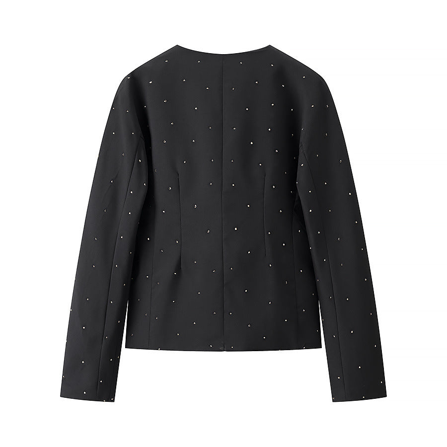 Damen nan elegant taillierter Blazer ohne Kragen mit Ziersteinbesatz Drune
