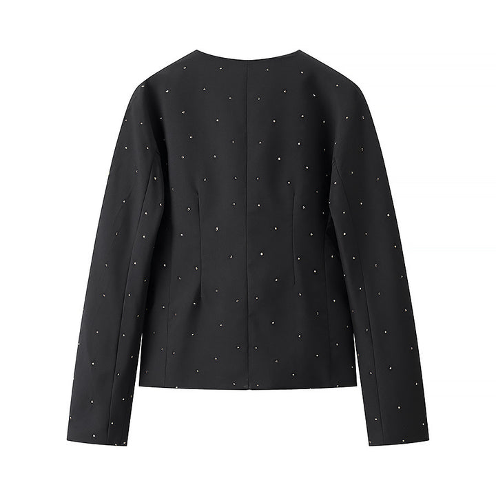 Damen nan elegant taillierter Blazer ohne Kragen mit Ziersteinbesatz Drune