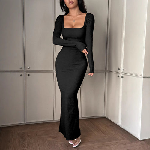 Damen Elegantes Langarm-Maxikleid mit raffiniertem Ripp-Design Drune