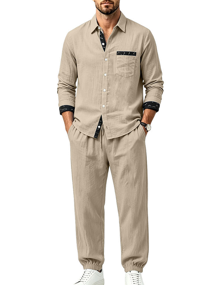 Herren Leichter Baumwoll-Loungewear-Zweiteiler mit Hemd und Kordel-Jogger Drune