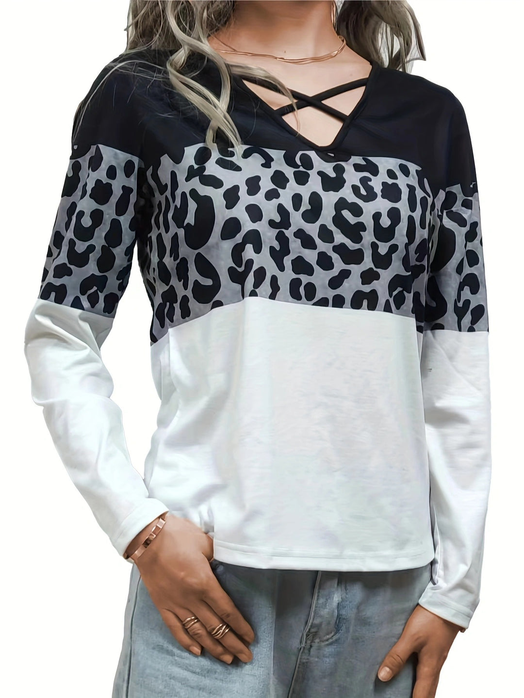 Damen lässiges Langarmshirt mit modischem Leopardenmuster und raffiniertem V-Ausschnitt Drune