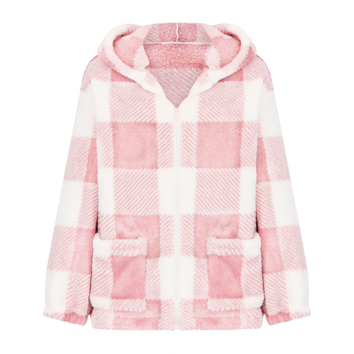 Damen nan dicke Karo-Teddyjacke mit Kapuze, Frontreißverschluss und aufgesetzten Taschen Drune