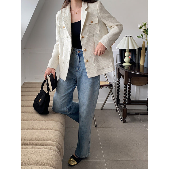 Damen moderne Boucle-Blazerjacke mit praktischen Taschen Drune