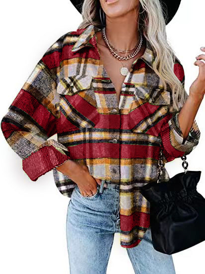 Damen Karierter Overshirt mit Knöpfen und Brusttaschen Drune