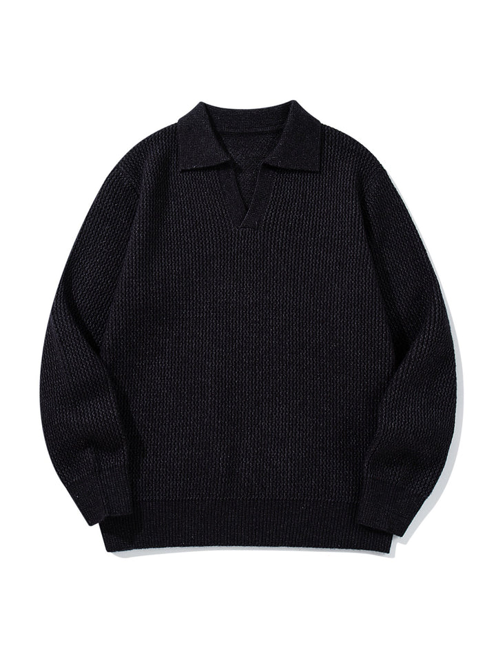 Herren Grobgestrickter Polokragen-Pullover mit V‑Ausschnitt und Rippenbündchen Drune