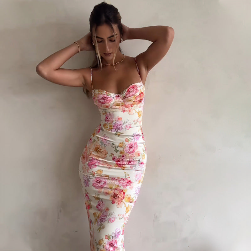 Damen figurbetontes Maxikleid mit floralem Design und elegantem V-Ausschnitt Drune