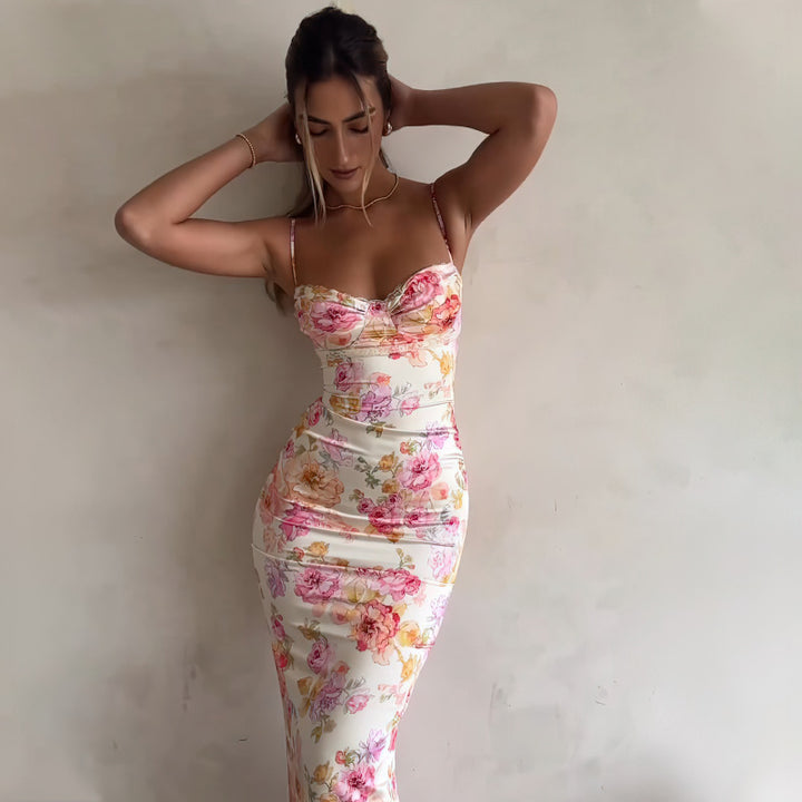 Damen figurbetontes Maxikleid mit floralem Design und elegantem V-Ausschnitt Drune