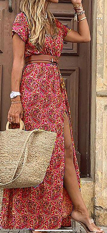 Damen Maxikleid mit seitlichem Schlitz und V-Ausschnitt Drune